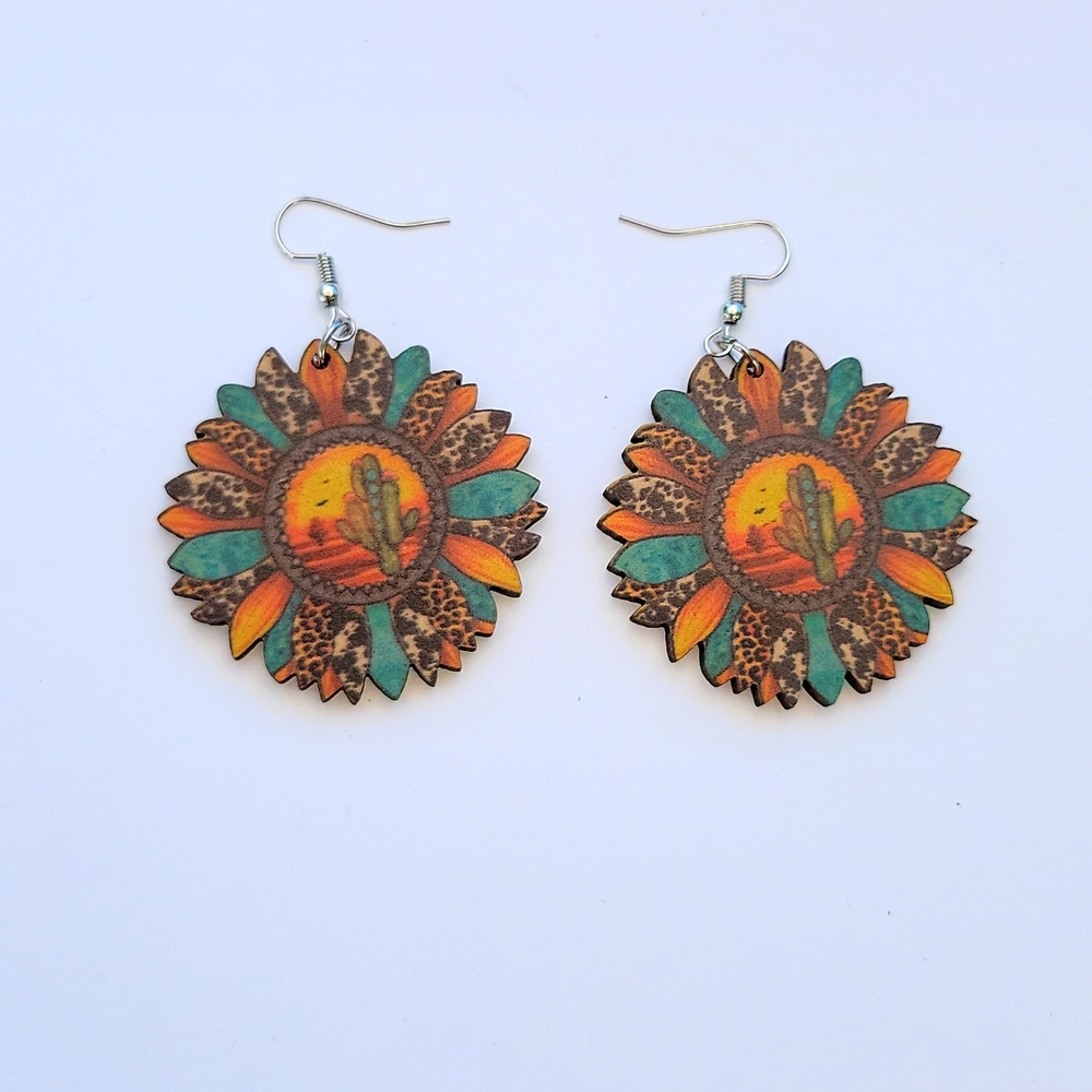 Sunflower Dangle Drop Wooden Earrings Orange Yellow 2" Pierced Ears New - Picture 4 of 8